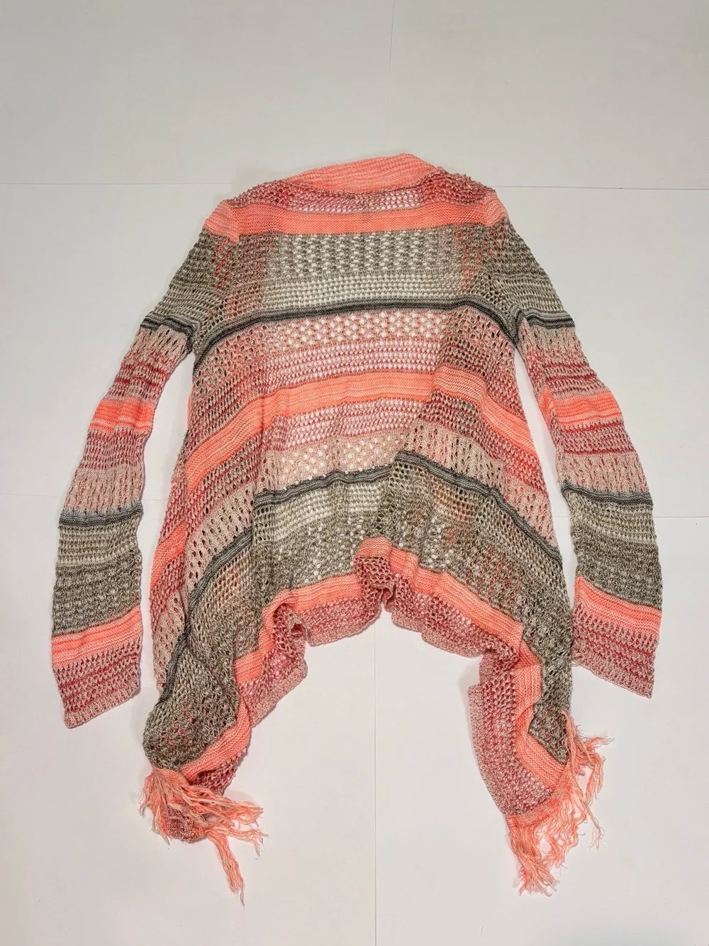 Maurices Women’s Striped Open-Front Fringe Cardigan Sweater - Coral & Tan